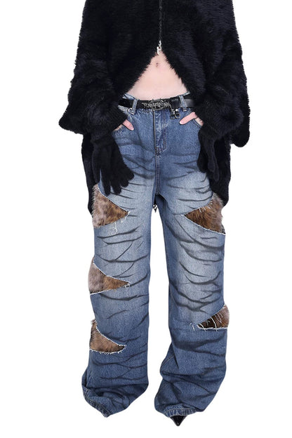 Leopard Fur Patched Loose Denim Jeans