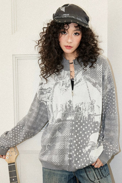 Zip Closure Polka Dot Portrait Print Cardigan
