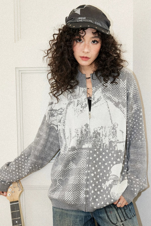 Zip Closure Polka Dot Portrait Print Cardigan