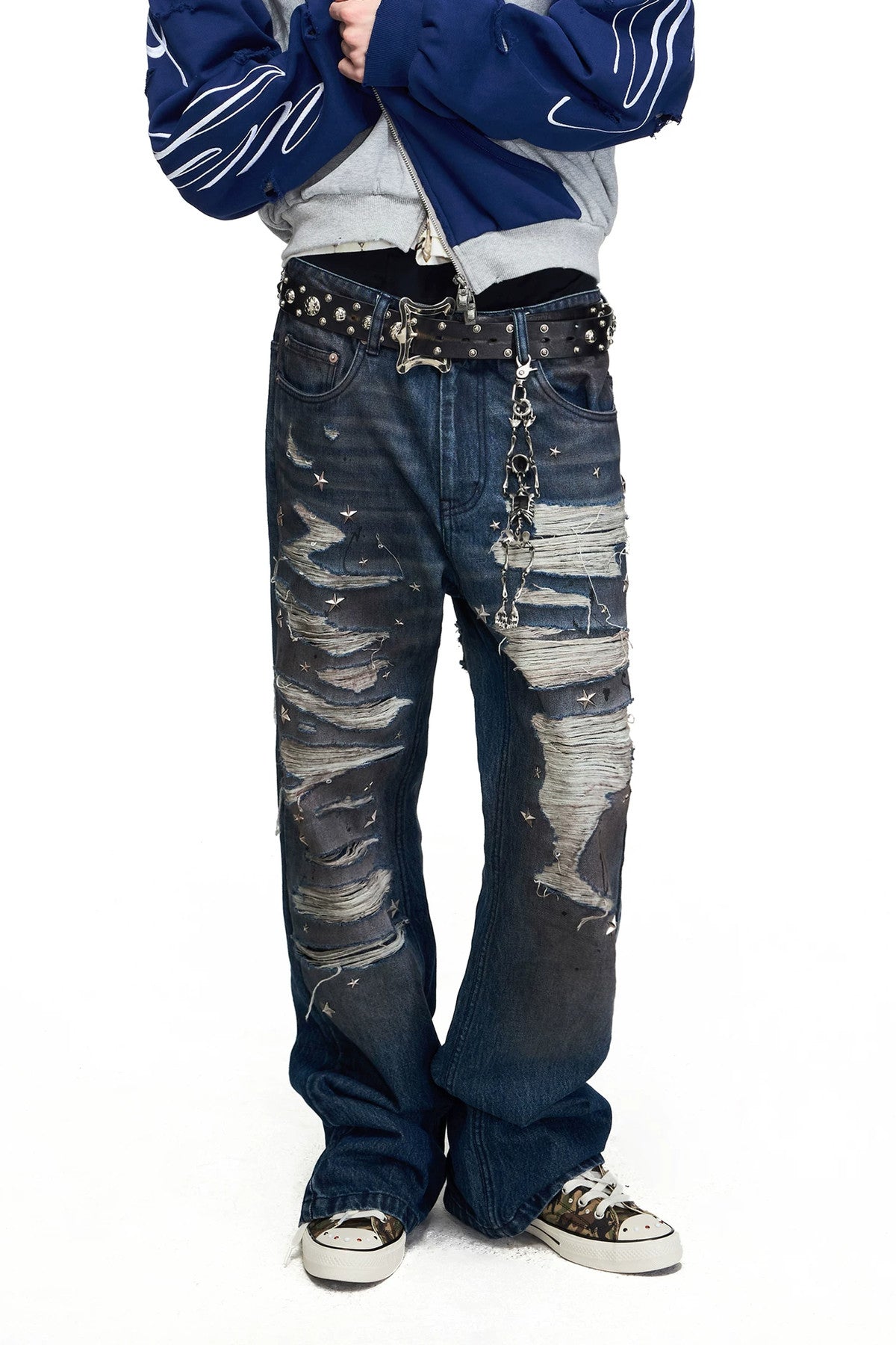 Star Stud Embroidered Washed Ripped Flared Jeans
