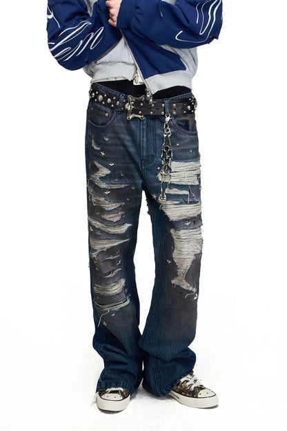 Star Stud Embroidered Washed Ripped Flared Jeans