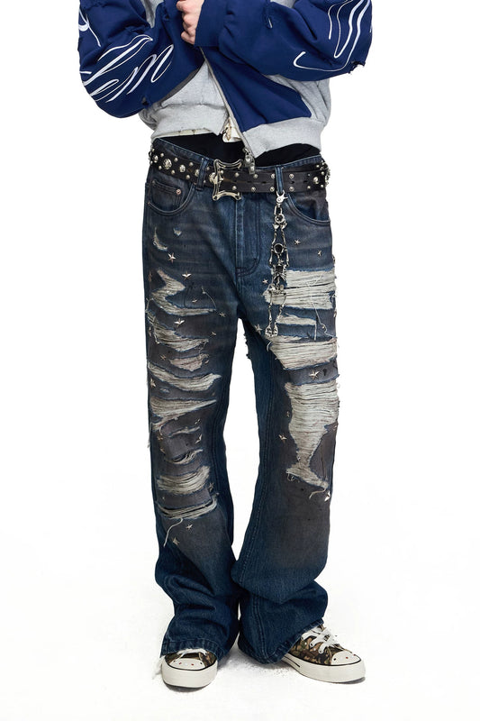 Star Stud Embroidered Washed Ripped Flared Jeans