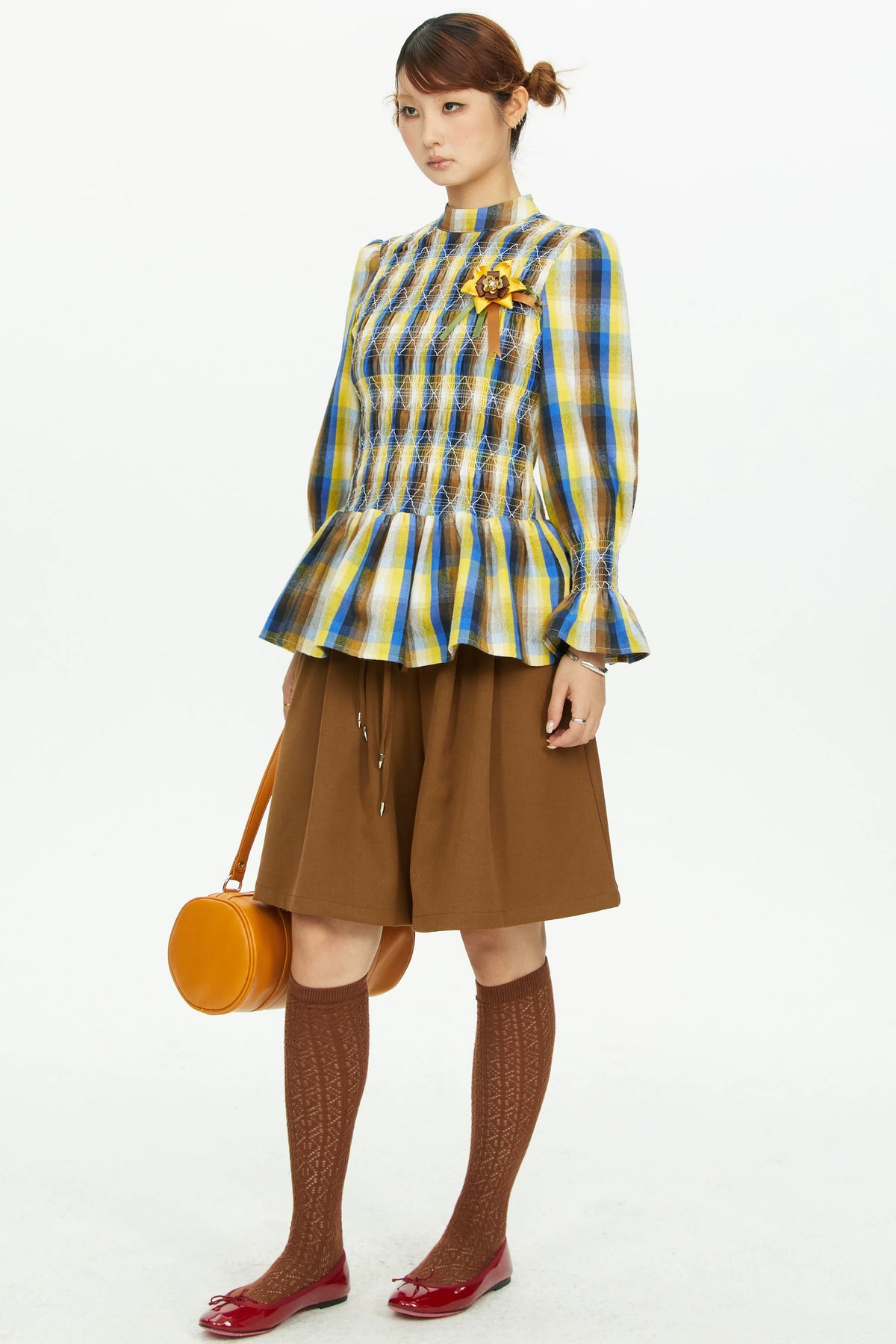 Brown Wide-Leg Ruffle Waist Shorts