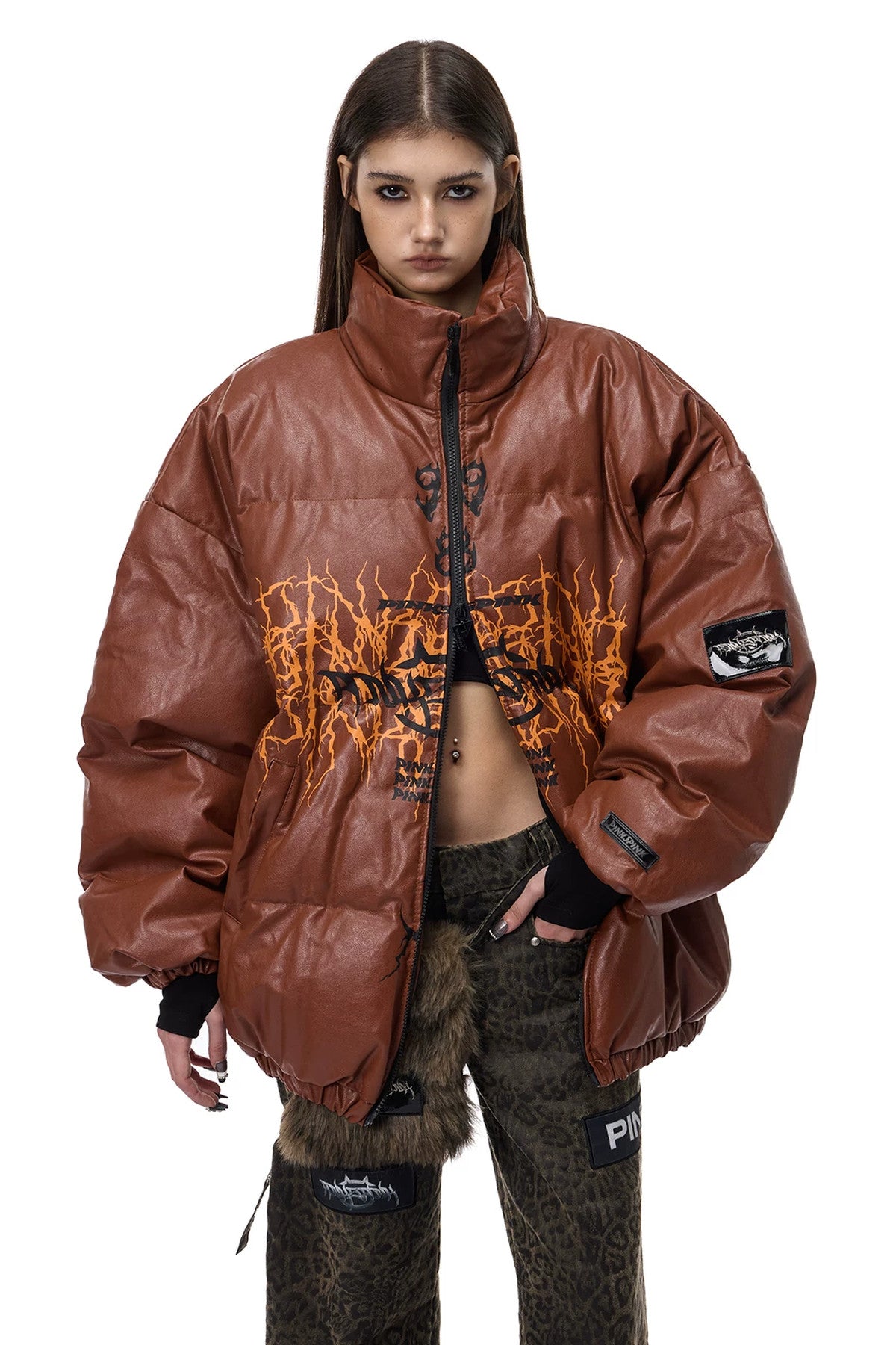 Logo PU Leather Motorcycle Puffer Jacket