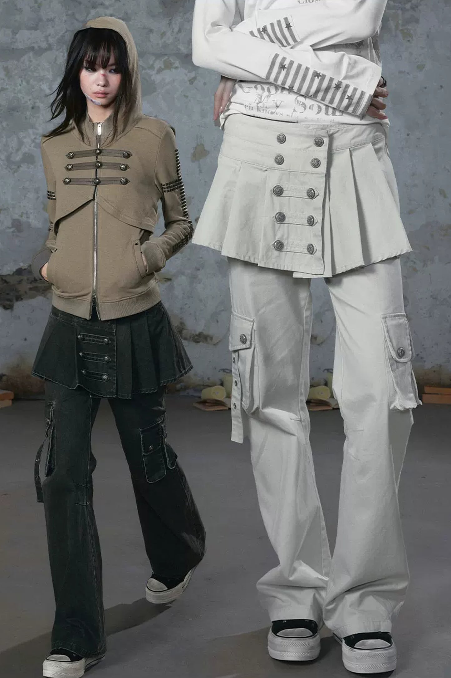 Pleated Skirt Panel Straight-Leg Flared Workwear Pants