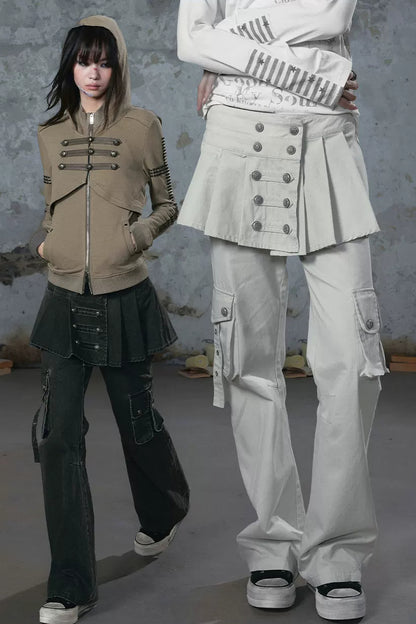 Pleated Skirt Panel Straight-Leg Flared Workwear Pants