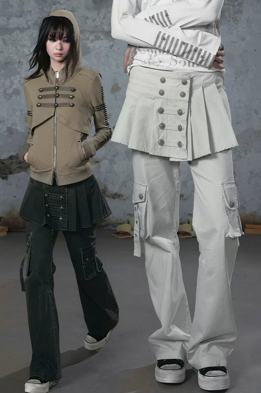 Pleated Skirt Panel Straight-Leg Flared Workwear Pants