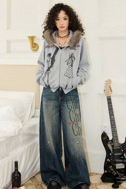 Distressed Fur Collar Hooded Cardigan