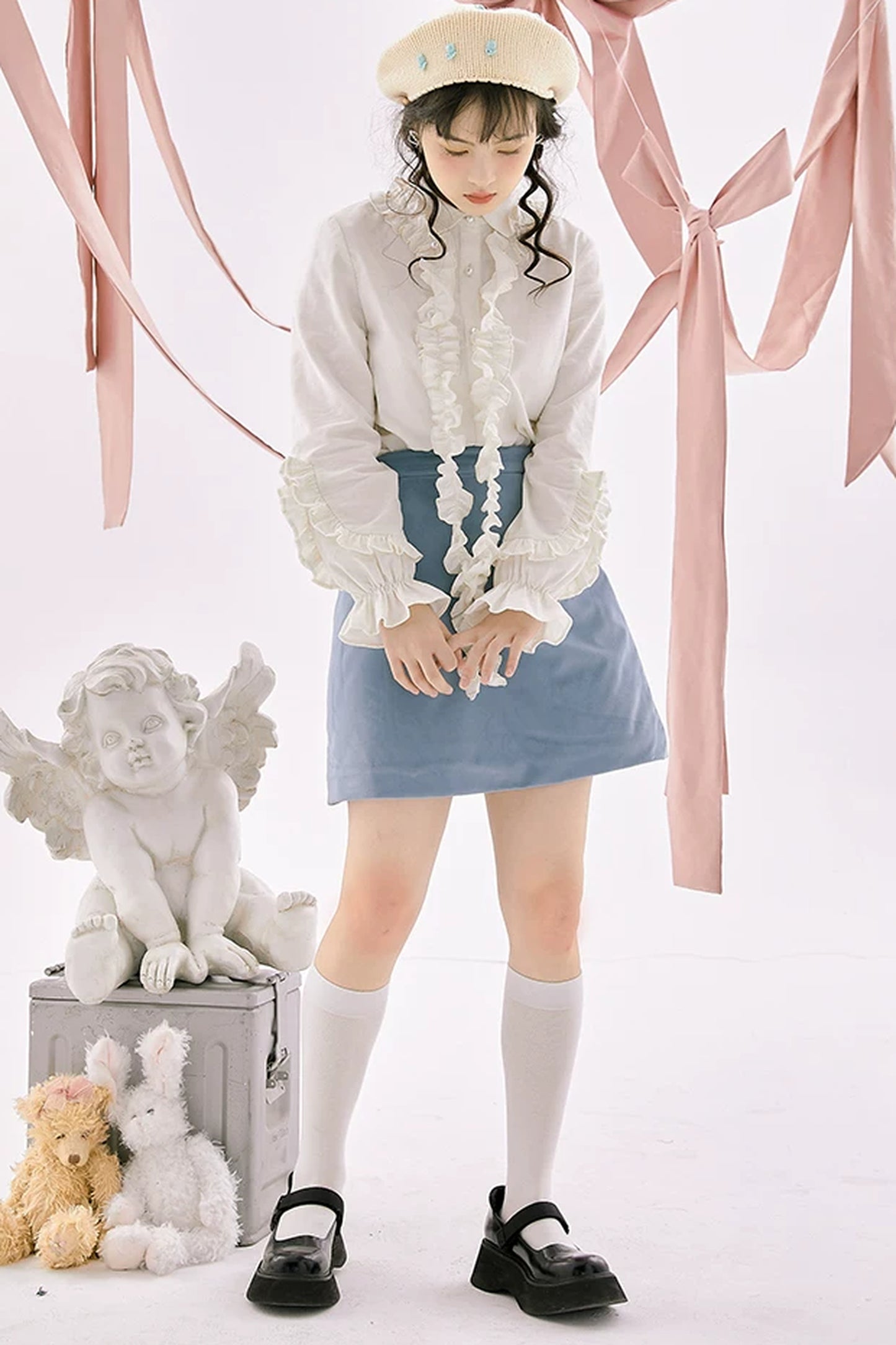 러플 프런트 긴소매 셔츠