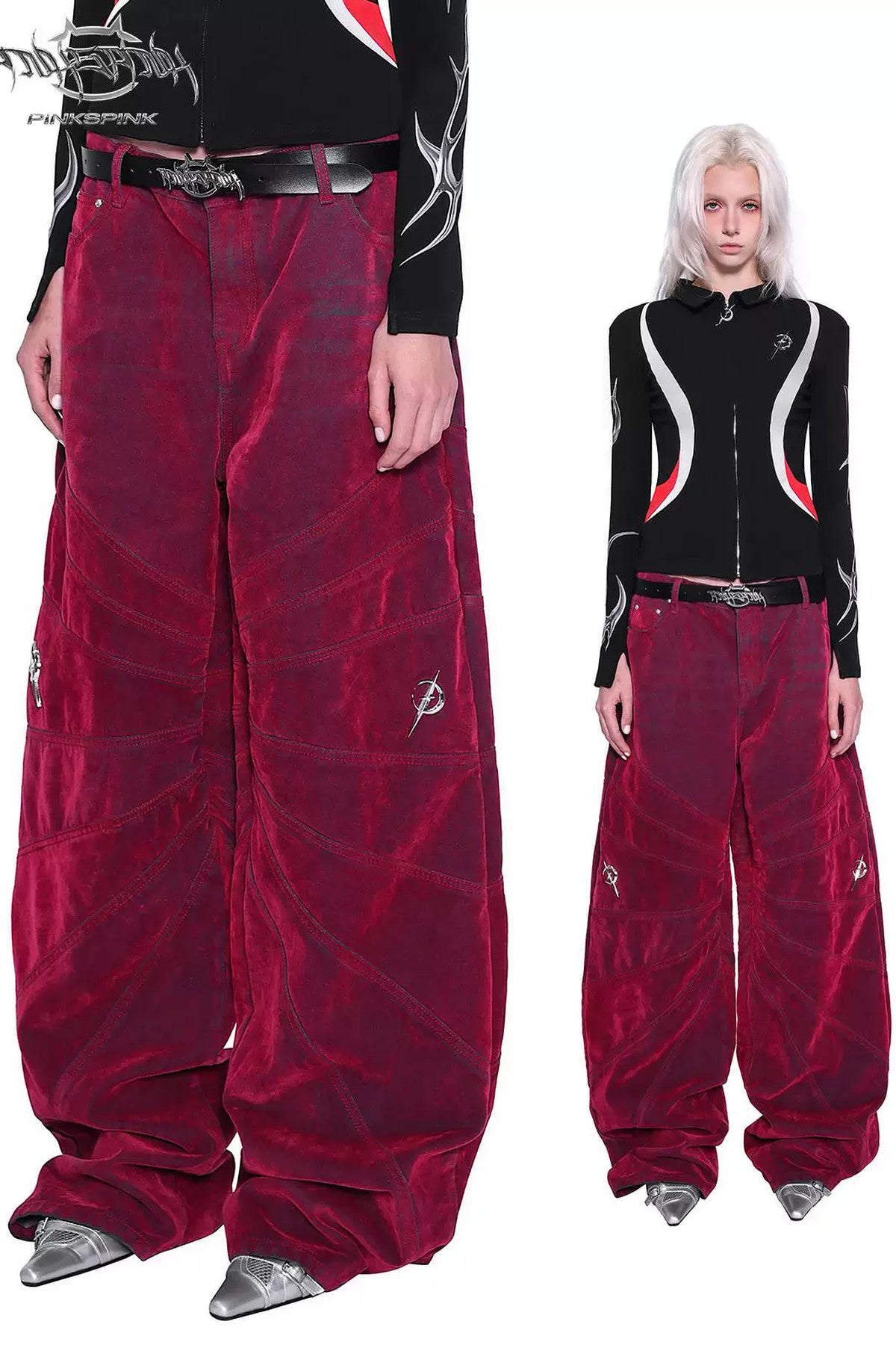 Red Ray Structure Velvet Loose Fit Jeans