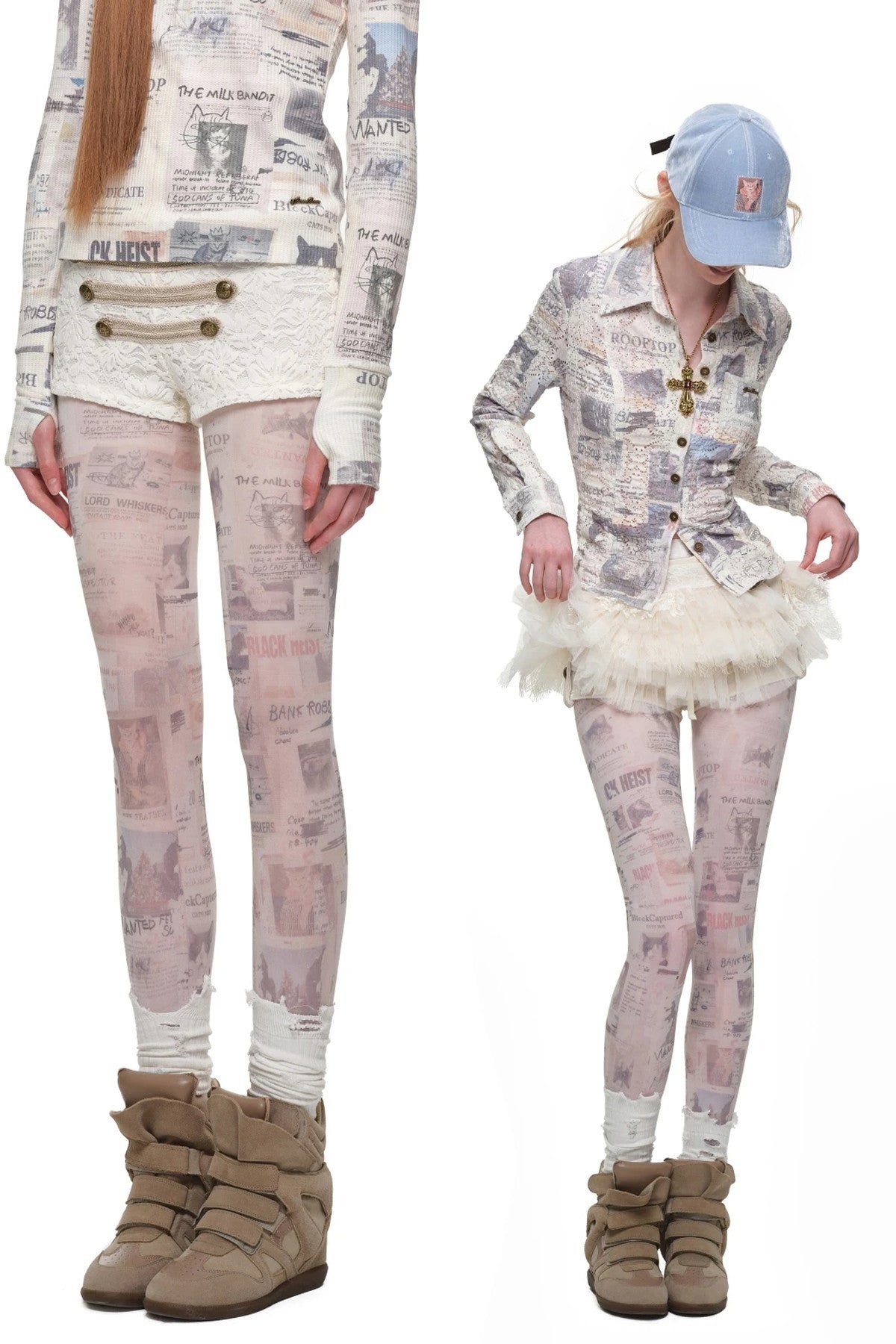Retro Cat Irregular Newspaper Print One-Piece Stockings