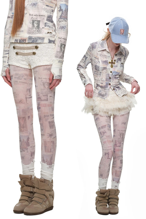 Retro Cat Irregular Newspaper Print One-Piece Stockings