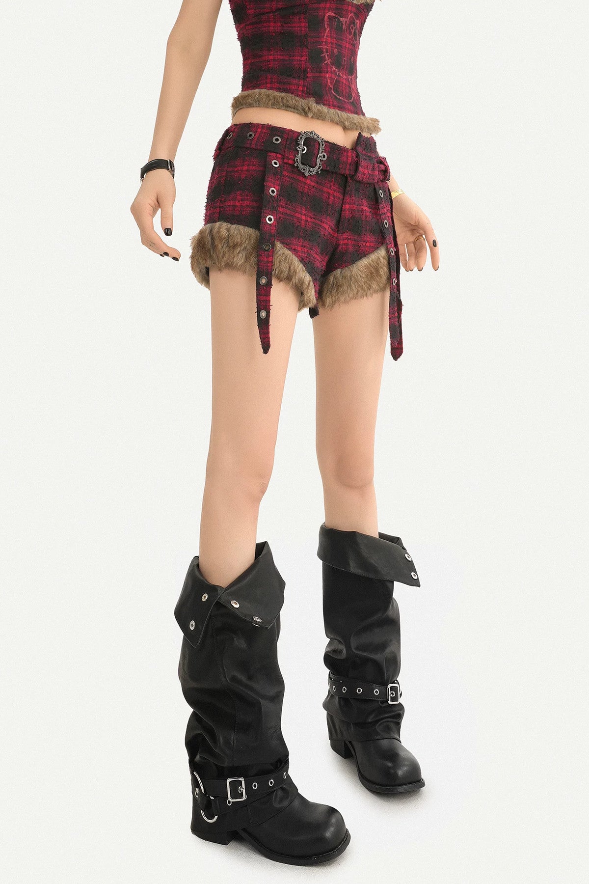 Red Black Plaid Low-Waist Shorts