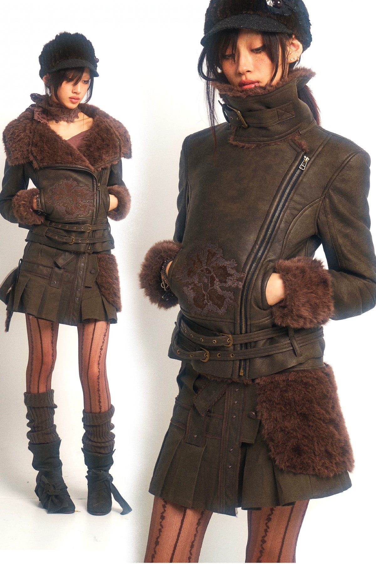Vintage Millennium Embroidery Windproof Warm Fur Jacket