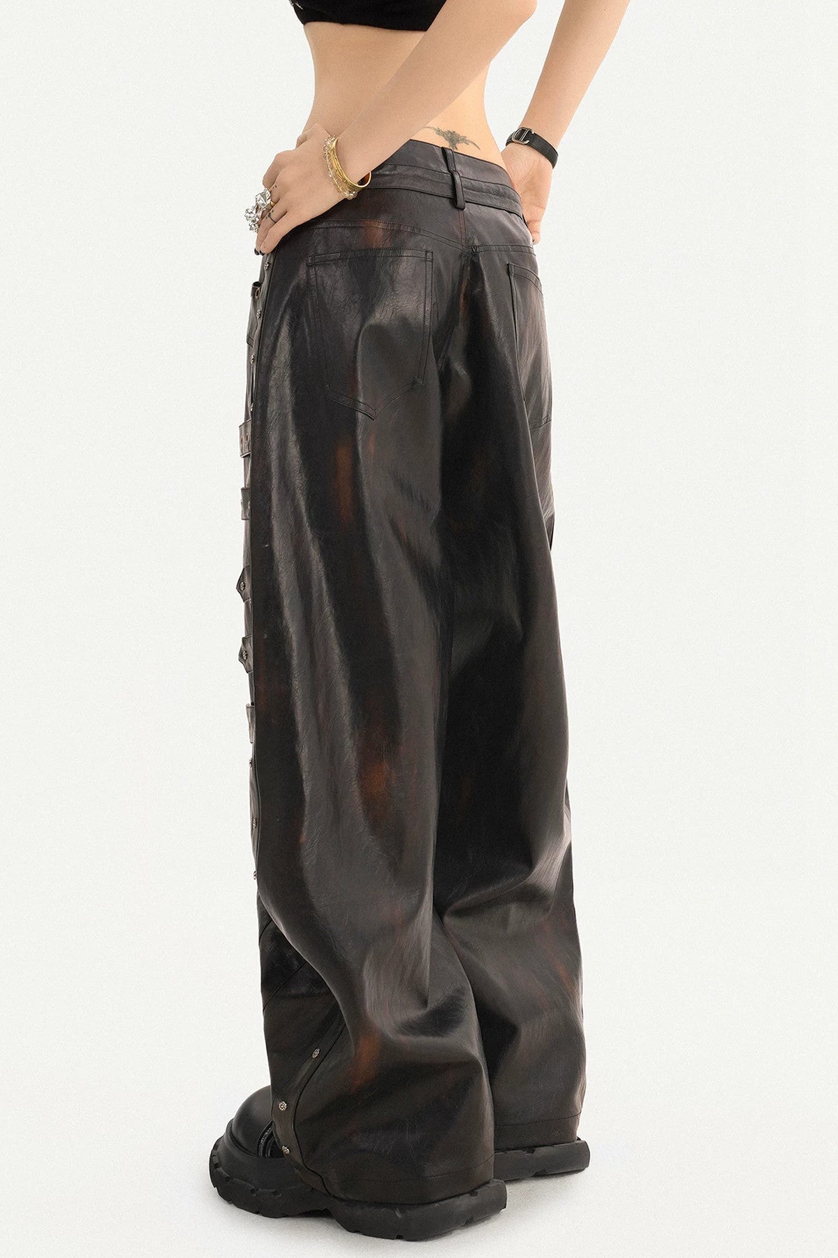Rivet-Decorated Wide-Leg Leather Pants