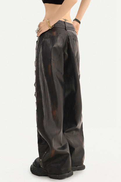 Rivet-Decorated Wide-Leg Leather Pants