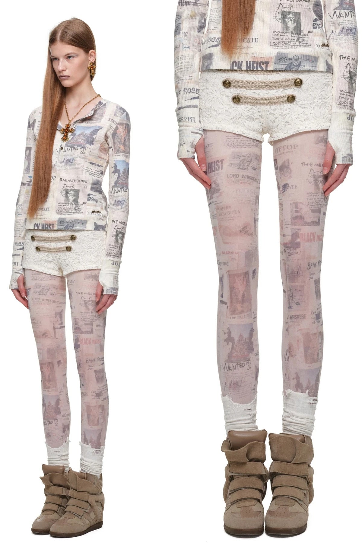 Retro Cat Irregular Newspaper Print One-Piece Stockings