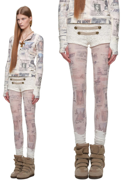 Retro Cat Irregular Newspaper Print One-Piece Stockings
