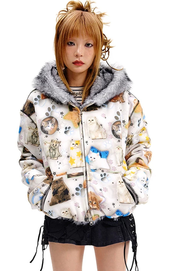 Cat Print Reversible Fur Coat
