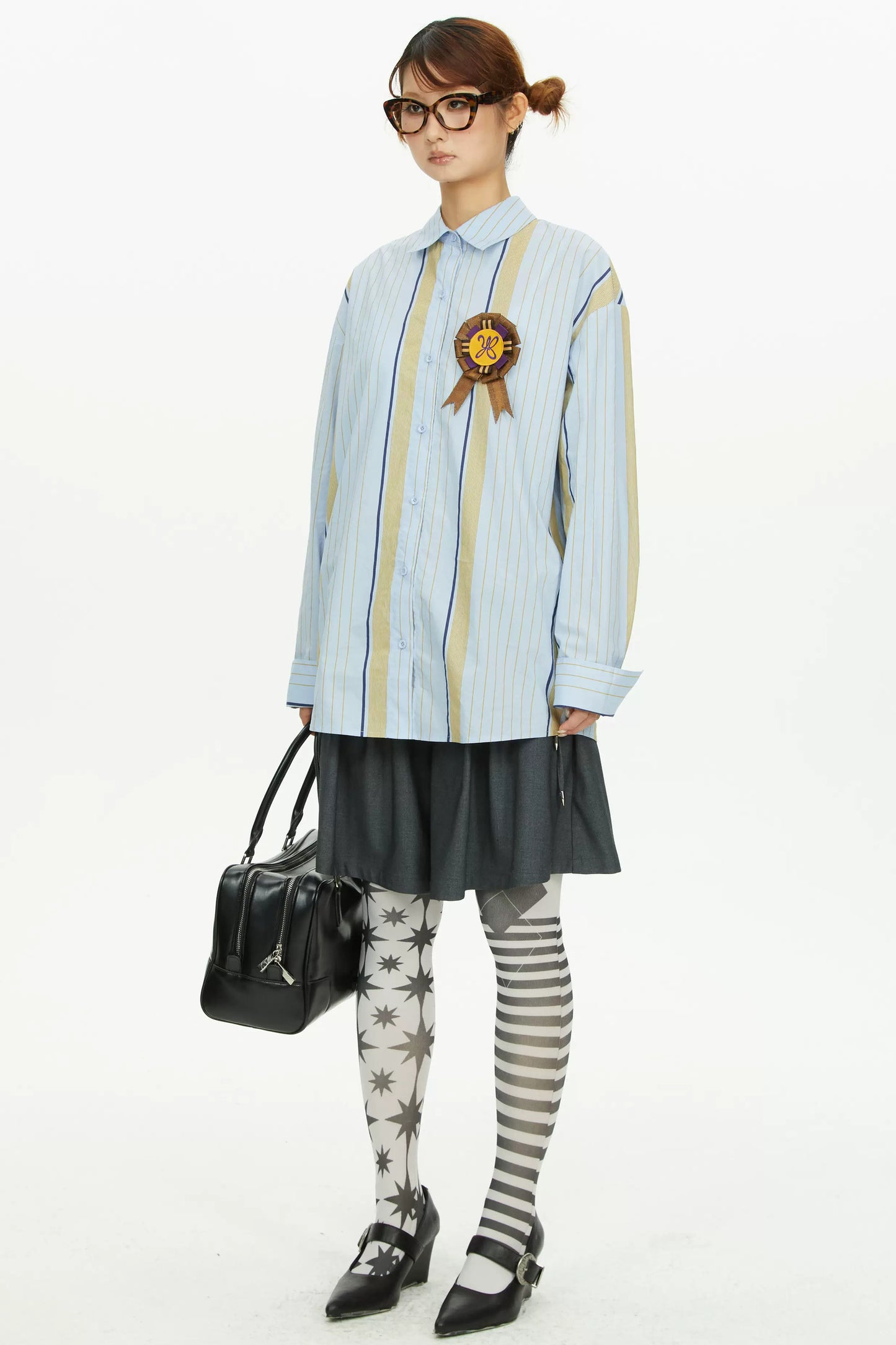 Blue Yellow Contrast Striped Long-Sleeved Shirt