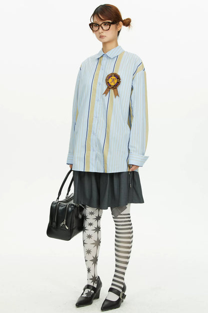 Blue Yellow Contrast Striped Long-Sleeved Shirt