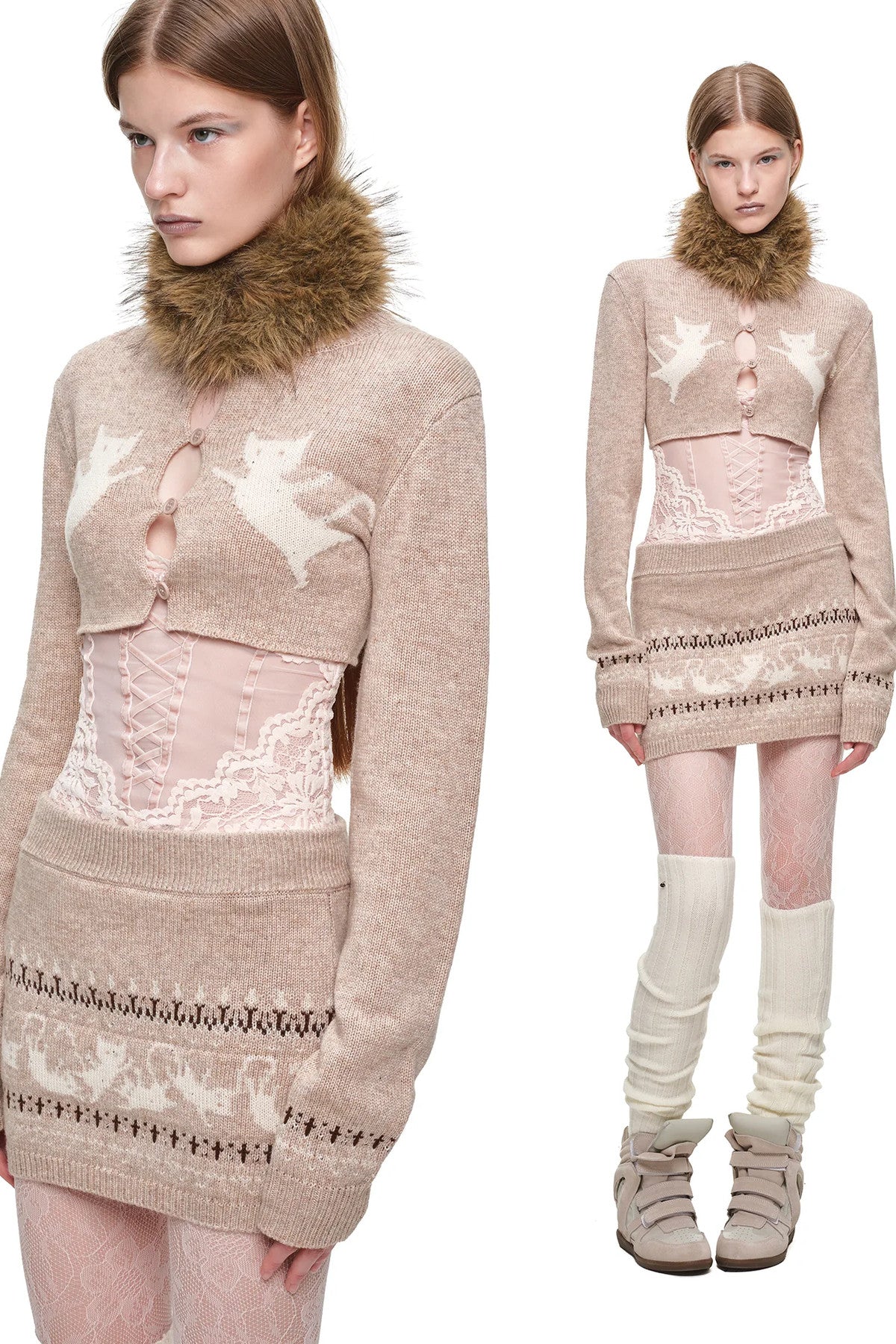 Fair-Isle-Jacquard-Set aus Katzen-Pullover, Strickjacke und Rock