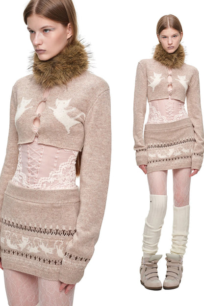 Fair-Isle-Jacquard-Set aus Katzen-Pullover, Strickjacke und Rock