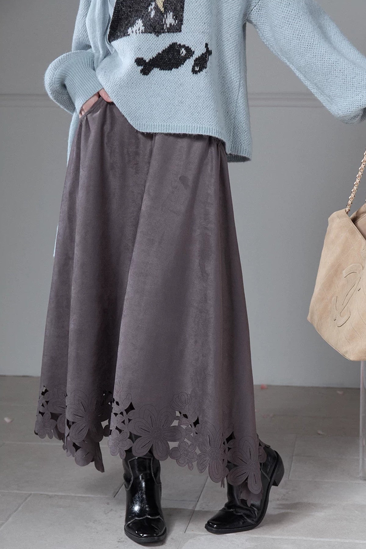Smoky Gray Laser-Engraved Suede Skirt