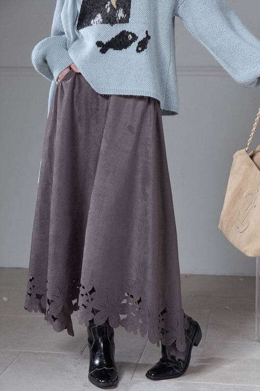 Smoky Gray Laser-Engraved Suede Skirt