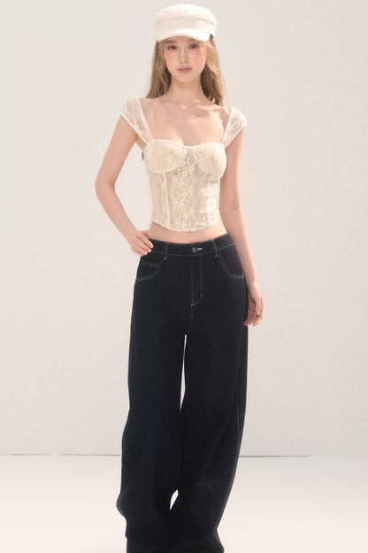 Rhinestone Wide-Leg Denim Pants