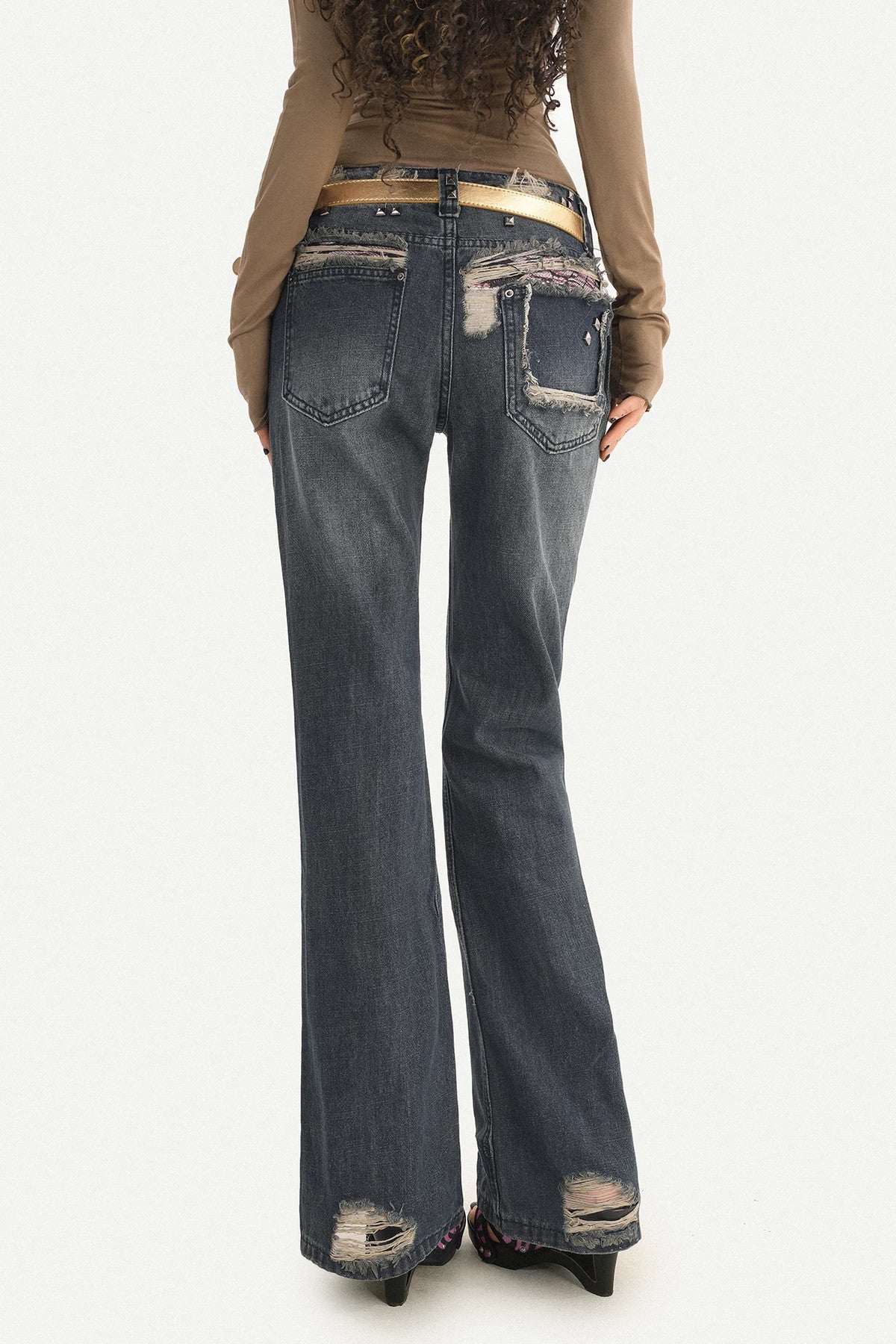 Studded Ripped Straight Jeans