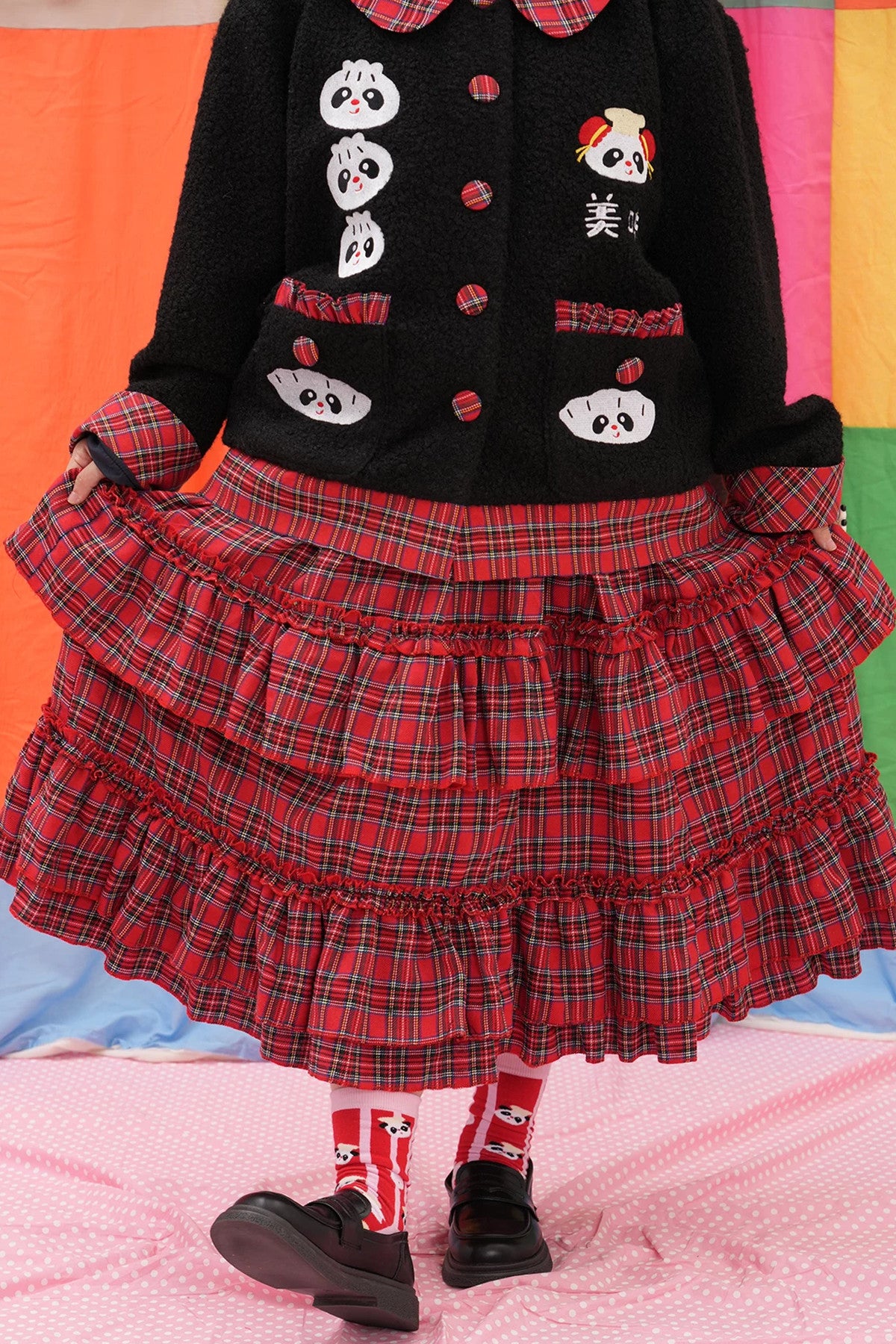 Panda Breakfast House Red Plaid Lace Skirt