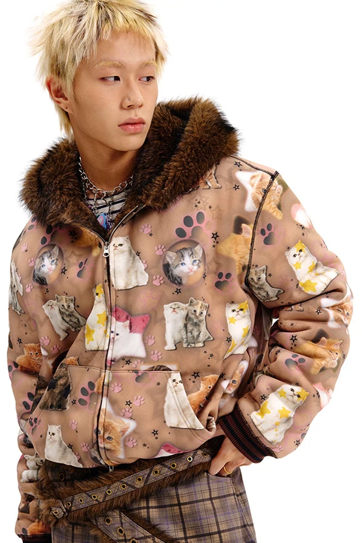 Cat Print Reversible Fur Coat