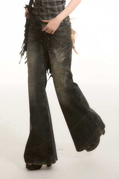 Washed Printed Rhinestone Low-Waist Flared Jeans