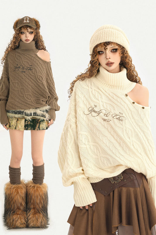 Off-Shoulder Cable Knit Pullover