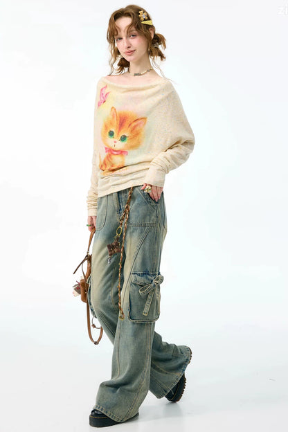 Cat Print Flutter Collar Blouse