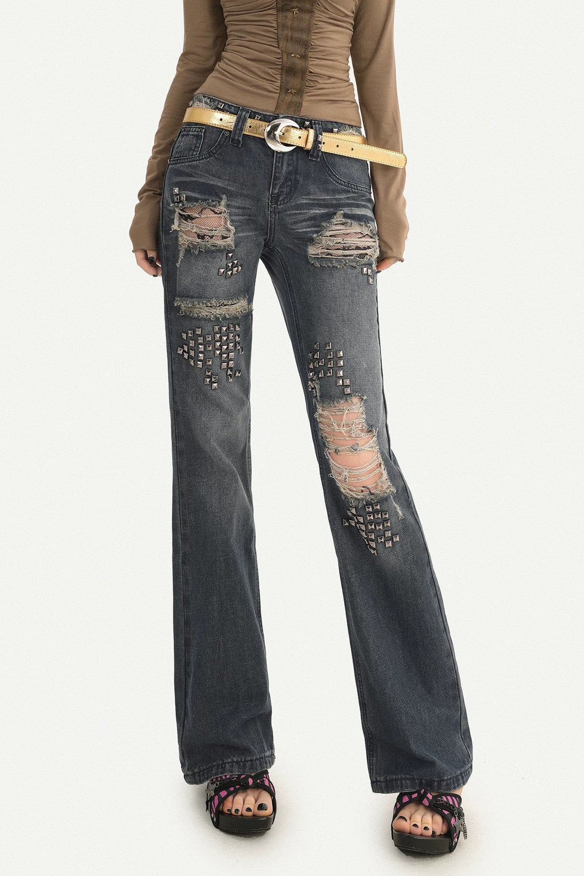 Studded Ripped Straight Jeans
