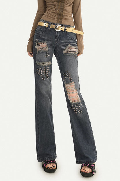 Studded Ripped Straight Jeans