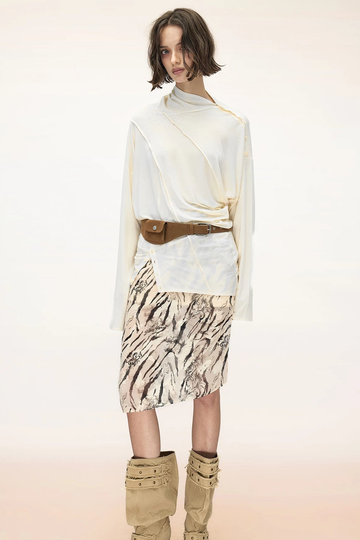 Lyocell Multi-Wear Ruffled Off-Shoulder Irregular Long-Sleeve T-Shirt