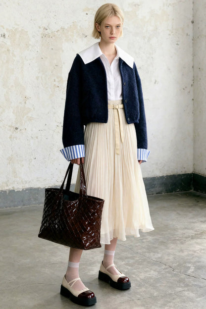 Collarless Woolen Jacket And Skirt Set-Up
