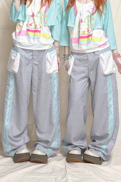 Floral Color-Block Lace Patchwork Wide-Leg Pants