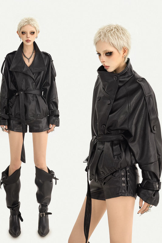 Black Stand-Collar Double-Breasted Leather Jacket