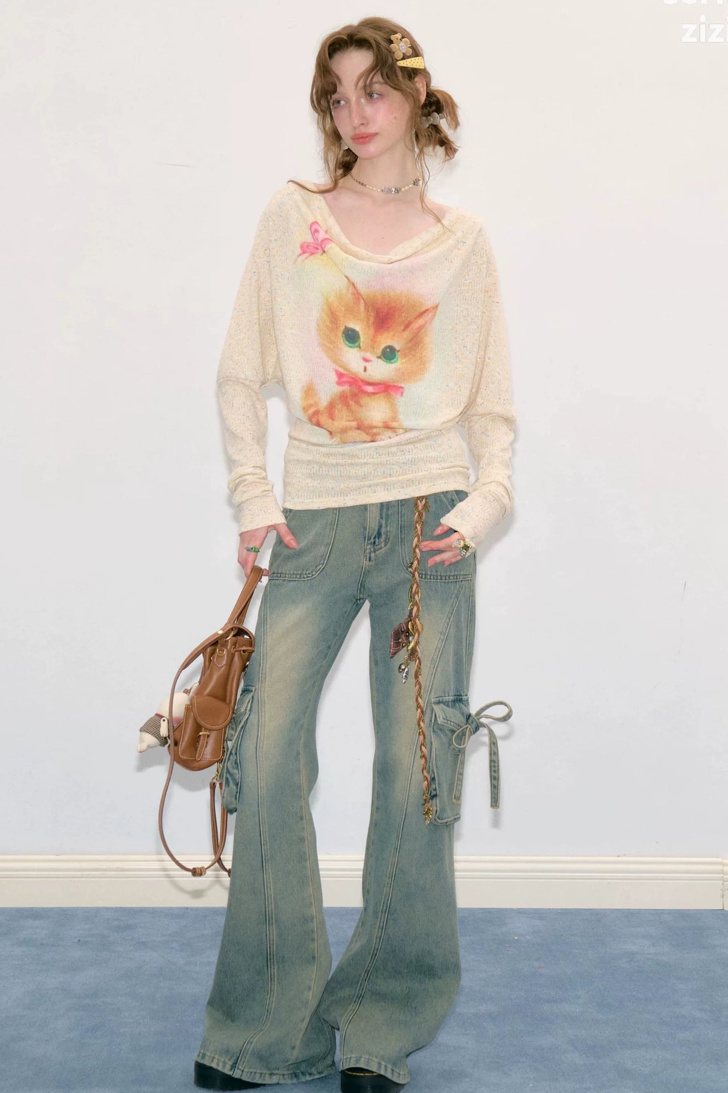 Cat Print Flutter Collar Blouse