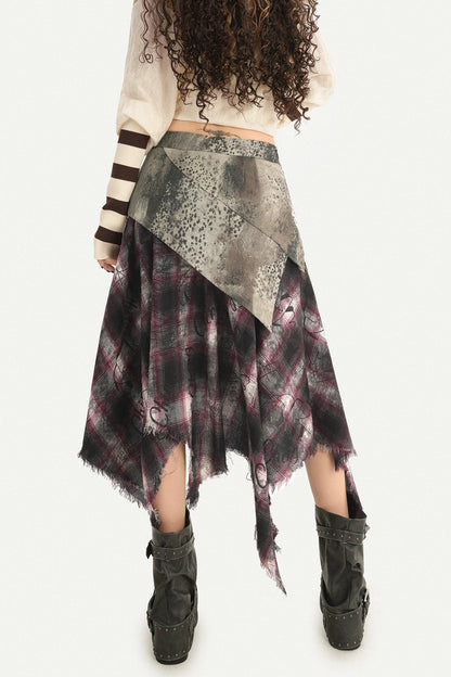 Faded Plaid Patchwork Midi Skirt