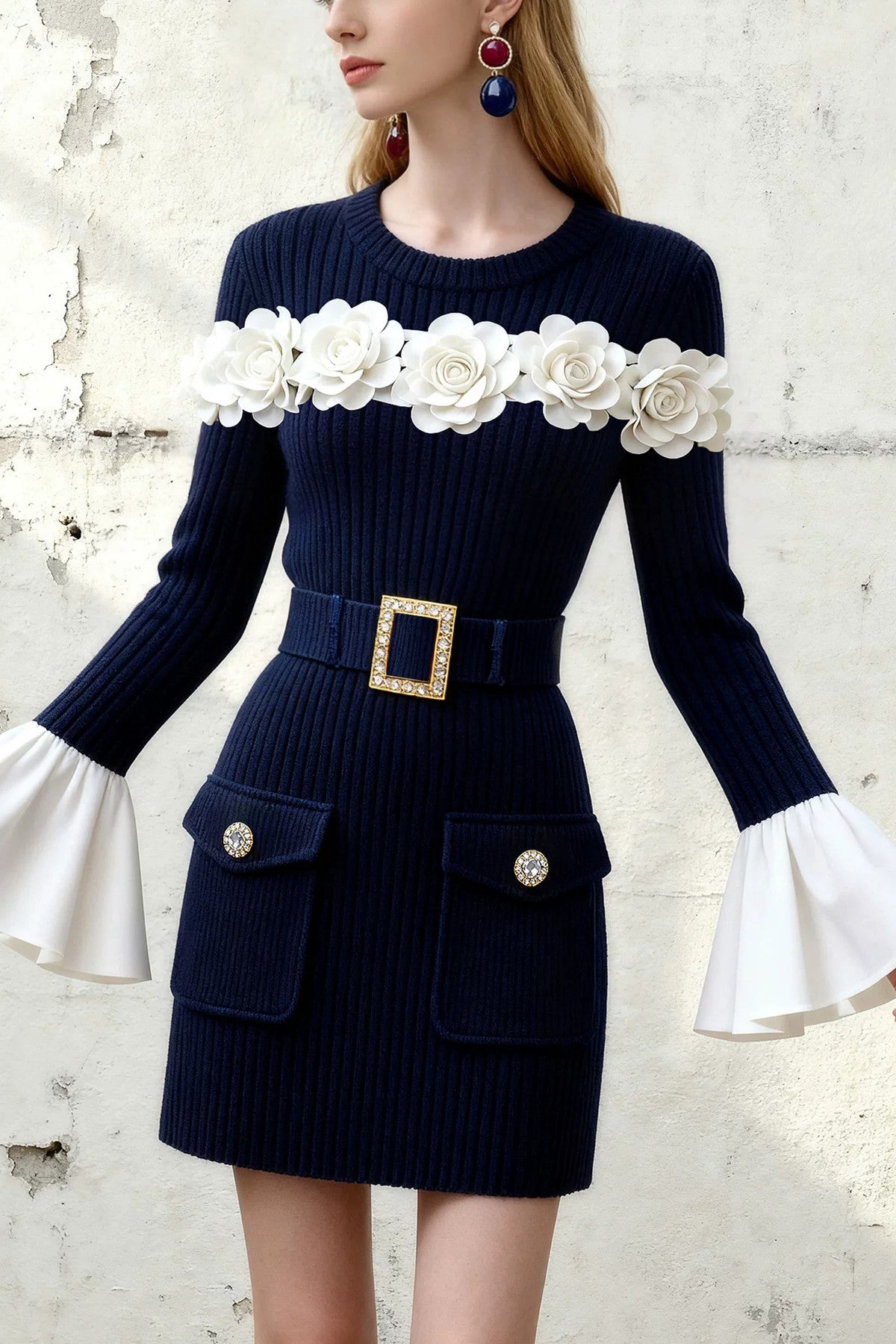 Navy Blue Floral Knit Dress