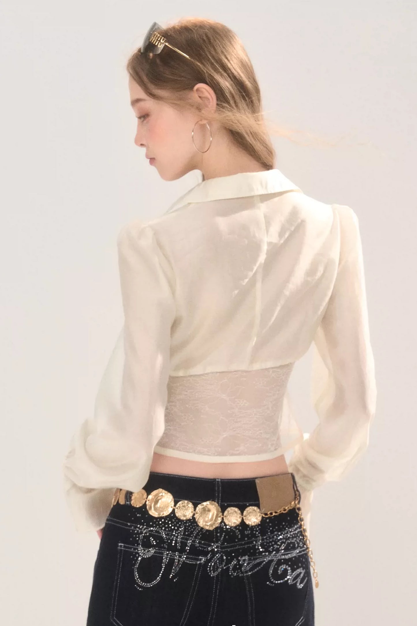 Short Lace Panel V-Neck Shirt