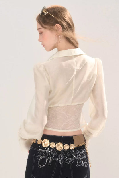 Short Lace Panel V-Neck Shirt