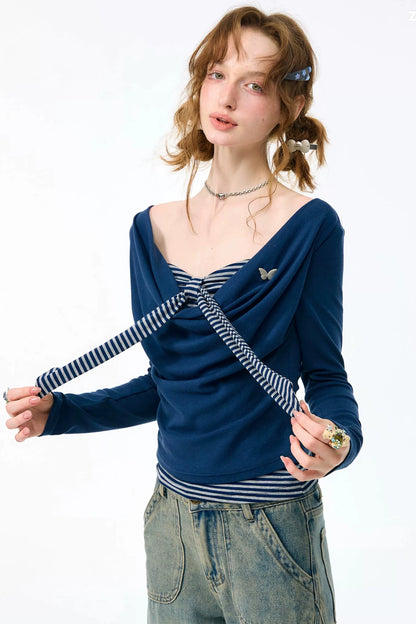 Haut en tricot rayé gris bleu