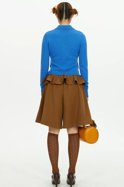 Brown Wide-Leg Ruffle Waist Shorts