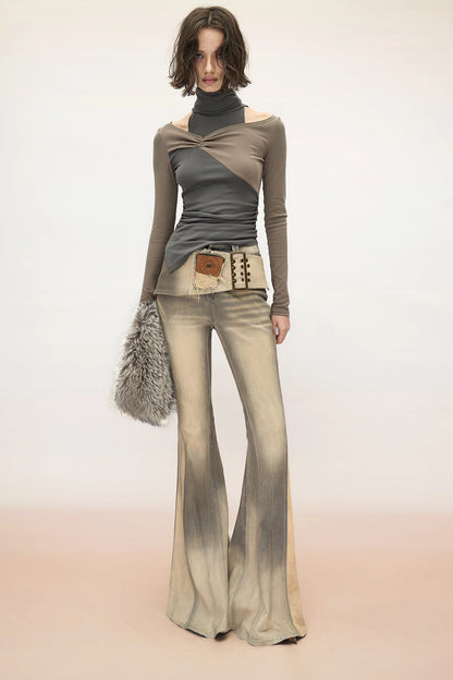 Layered Ruched Patchwork Off-Shoulder Long-Sleeve T-Shirt